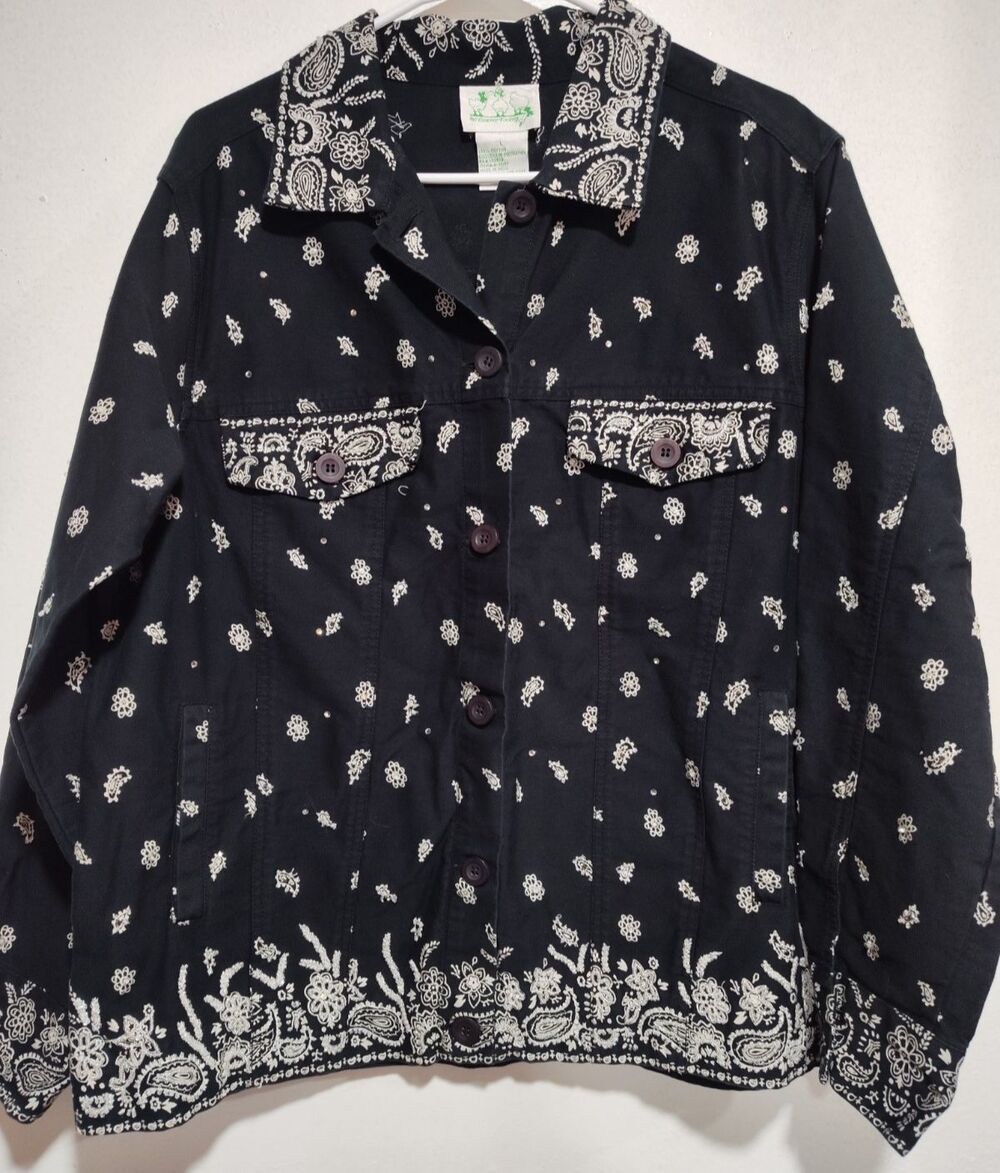 Quacker Factory Size L Black White Embroidered Paisley Beaded Jacket Pockets